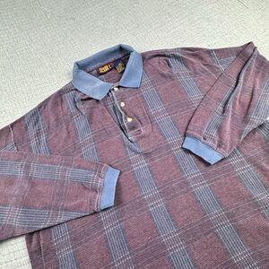 Vintage Faded Glory Long Sleeve Polo Men XL Washed Y2K Distressed Plaid Rugby
